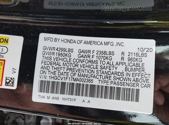 1HGCV1F17MA002365 2021 HONDA ACCORD Black Widok komory silnika