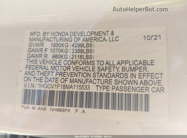 1HGCV1F18MA115533 2021 HONDA ACCORD White Вид підкапотного простору