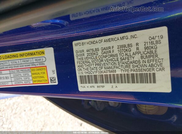 1HGCV1F33KA078468 2019 HONDA ACCORD Blue Widok komory silnika