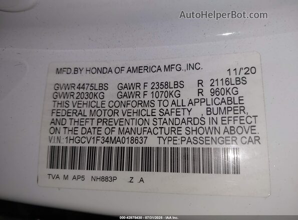 1HGCV1F34MA018637 2021 HONDA ACCORD White Вид підкапотного простору
