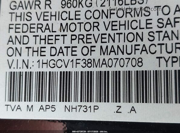 1HGCV1F38MA070708 2021 HONDA ACCORD Черный Вид подкапотного пространства