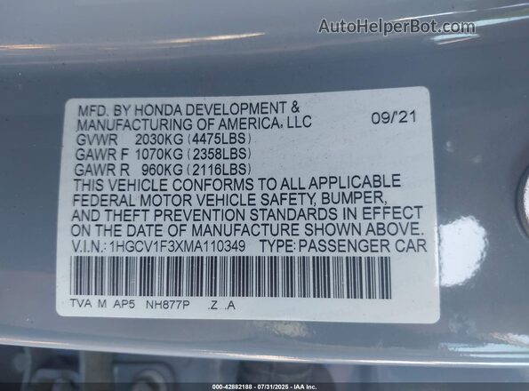 1HGCV1F3XMA110349 2021 HONDA ACCORD Синий Вид подкапотного пространства
