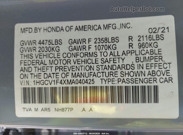 1HGCV1F4XMA040425 2021 HONDA ACCORD Light Blue ძრავის განყოფილების ხედი