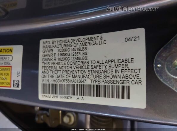 1HGCV3F55MA013847 2021 HONDA ACCORD Pewter Vista del compartimento del motor