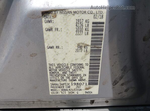 1N4AL3AP3JC198071 2018 NISSAN ALTIMA Серебряный Вид подкапотного пространства
