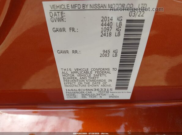 1N4AL4CV4NN363315 2022 NISSAN ALTIMA Orange 