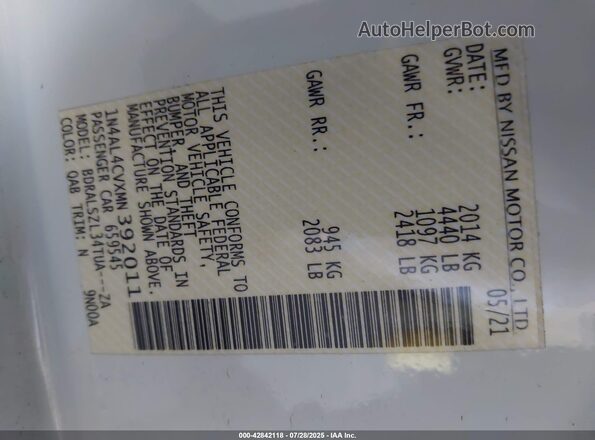 1N4AL4CVXMN392011 2021 NISSAN ALTIMA White 