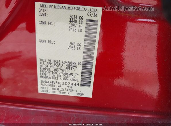 1N4AL4FV3KC107444 2019 NISSAN ALTIMA Red ძრავის განყოფილების ხედი