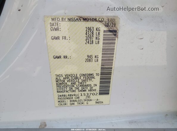 1N4BL4BV4LC153702 2020 NISSAN ALTIMA White 