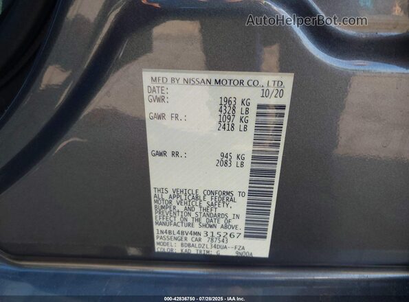 1N4BL4BV4MN315267 2021 NISSAN ALTIMA Gray Вид підкапотного простору