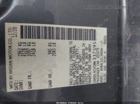 1N4BL4CV1MN337595 2021 NISSAN ALTIMA Gray Engine compartment view