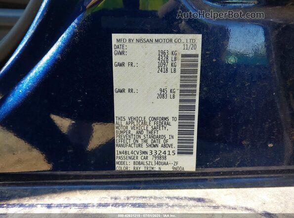 1N4BL4CV3MN332415 2021 NISSAN ALTIMA Blue Vista del compartimento del motor