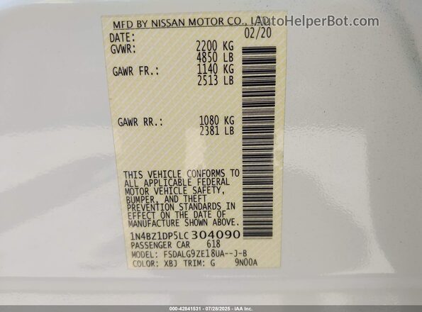1N4BZ1DP5LC304090 2020 NISSAN LEAF White ძრავის განყოფილების ხედი