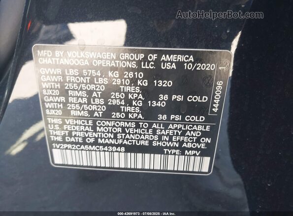 1V2PR2CA5MC543948 2021 VOLKSWAGEN ATLAS Black Widok komory silnika