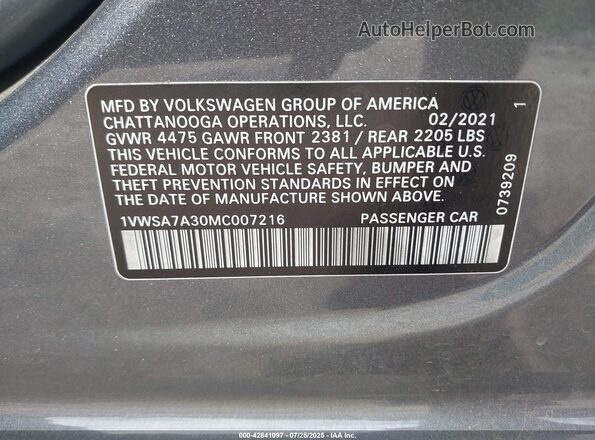 1VWSA7A30MC007216 2021 VOLKSWAGEN PASSAT Gray ძრავის განყოფილების ხედი