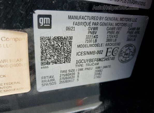 1GCUYBEF6MZ349748 2021 CHEVROLET ALL MODELS Черный Вид наклейки с VIN-кодом