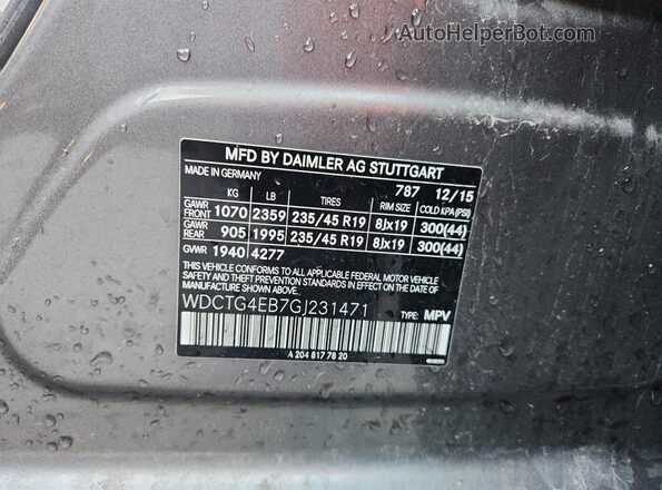 WDCTG4EB7GJ231471 2016 MERCEDES-BENZ GLA-CLASS Gray VIN კოდის სტიკერის ხედი