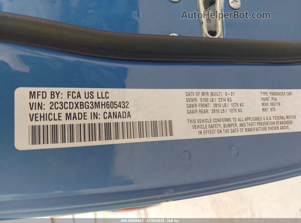 2C3CDXBG3MH605432 2021 DODGE CHARGER Blue Engine compartment view
