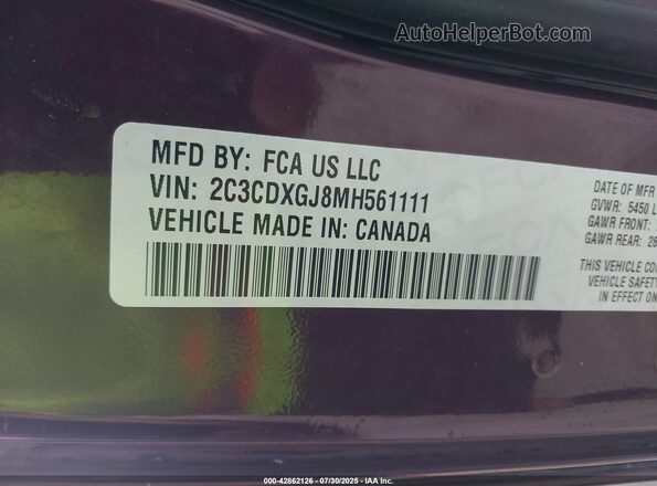 2C3CDXGJ8MH561111 2021 DODGE CHARGER Purple Vista del compartimento del motor