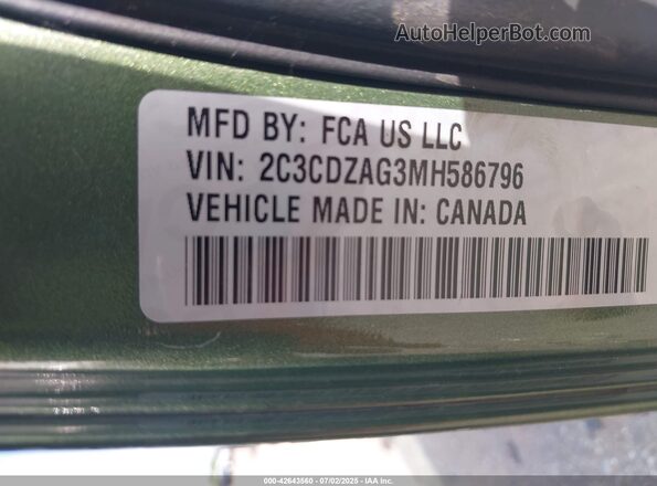 2C3CDZAG3MH586796 2021 DODGE CHALLENGER Green Engine compartment view