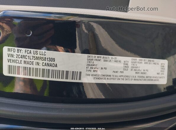 2C4RC1L75MR581309 2021 CHRYSLER PACIFICA Black Widok komory silnika