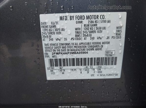 2FMPK4AP3MBA05964 2021 FORD EDGE Gray Widok komory silnika
