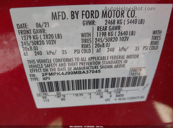 2FMPK4J90MBA37045 2021 FORD EDGE Red Вид підкапотного простору