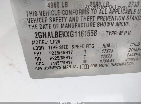 2GNALBEKXG1161558 2016 CHEVROLET EQUINOX White Engine compartment view