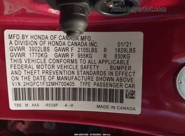 2HGFC1F32MH700405 2021 HONDA CIVIC Red Շարժիչի բաժամունքի տեսք