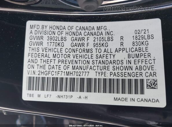 2HGFC1F71MH702777 2021 HONDA CIVIC Black Engine compartment view