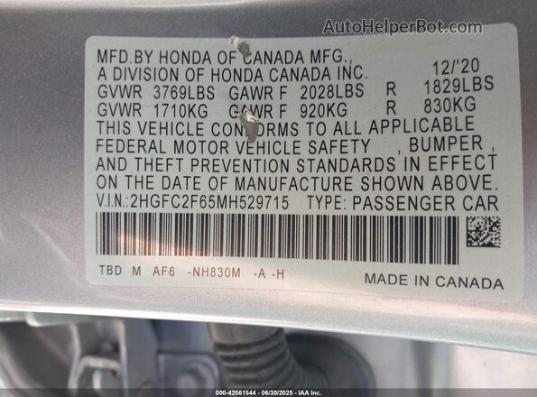 2HGFC2F65MH529715 2021 HONDA CIVIC Silver Widok komory silnika