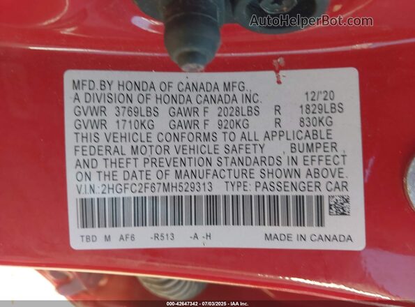 2HGFC2F67MH529313 2021 HONDA CIVIC Red Widok komory silnika