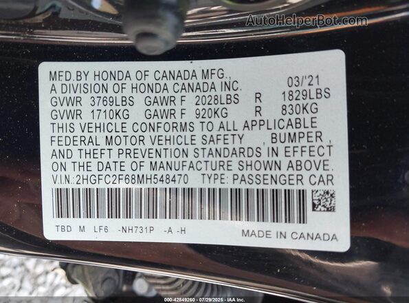 2HGFC2F68MH548470 2021 HONDA CIVIC Black Շարժիչի բաժամունքի տեսք