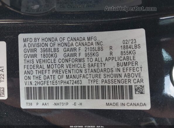 2HGFE1E51PH472463 2023 HONDA CIVIC SI Black Widok komory silnika