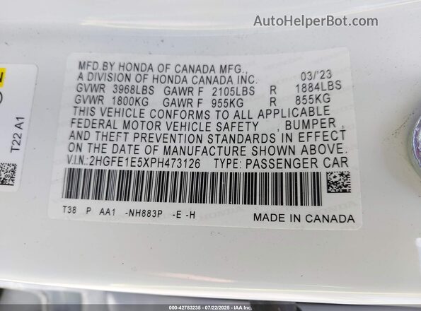 2HGFE1E5XPH473126 2023 HONDA CIVIC White VIN sticker view
