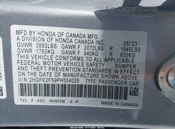 2HGFE2F59PH554025 2023 HONDA CIVIC Silver Widok komory silnika