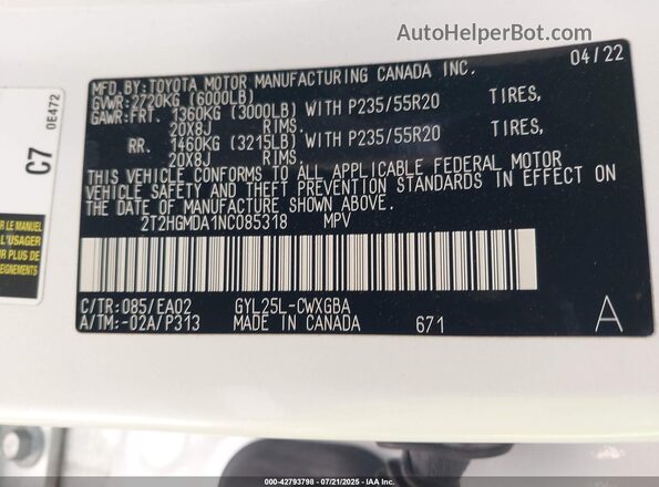 2T2HGMDA1NC085318 2022 LEXUS RX 450H Белый Вид подкапотного пространства