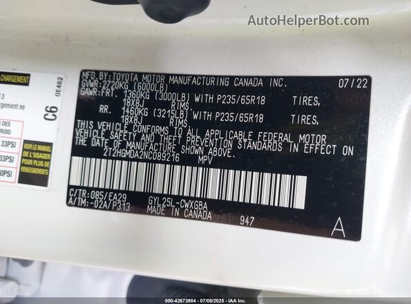 2T2HGMDA2NC089216 2022 LEXUS RX 450H Белый Вид подкапотного пространства
