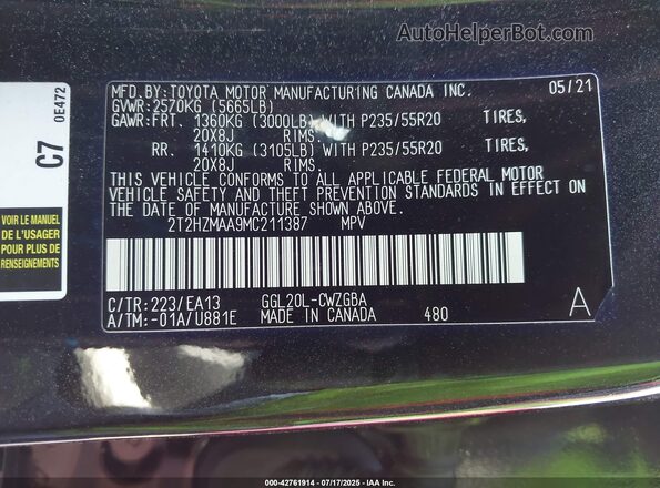 2T2HZMAA9MC211387 2021 LEXUS RX 350 Black ძრავის განყოფილების ხედი