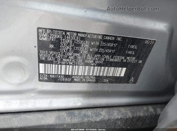 2T3P1RFV1MC211505 2021 TOYOTA LE Серебряный Вид подкапотного пространства