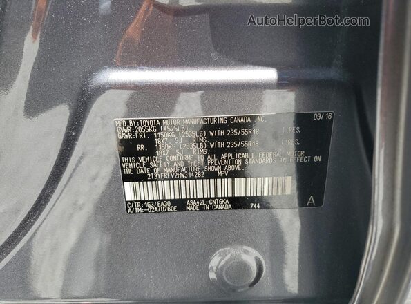 2T3YFREV2HW314282 2017 TOYOTA LIMITED Gray Vista de la etiqueta del VIN