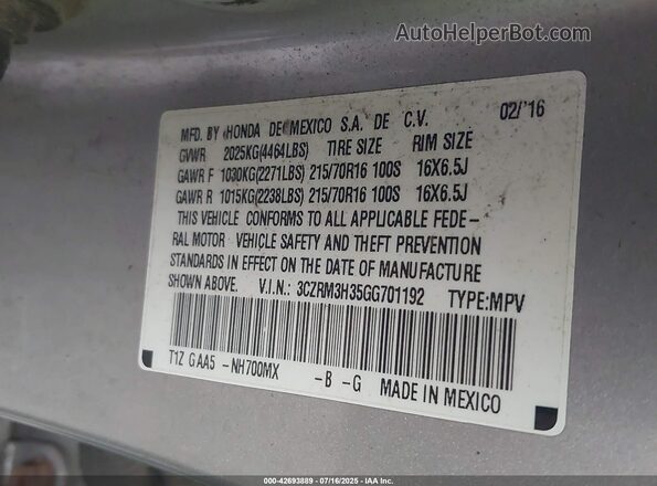 3CZRM3H35GG701192 2016 HONDA CR-V Gray 