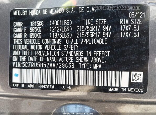 3CZRU5H52MM729638 2021 HONDA HR-V Gray Вид підкапотного простору