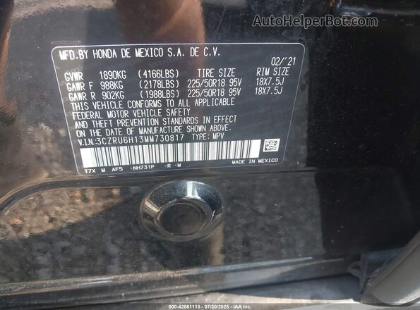 3CZRU6H13MM730817 2021 HONDA HR-V Black Vista del compartimento del motor
