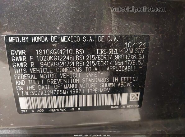 3CZRZ2H70SM746971 2025 HONDA HR-V Gray 