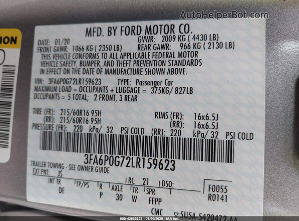 3FA6P0G72LR159623 2020 FORD FUSION Silver Widok komory silnika