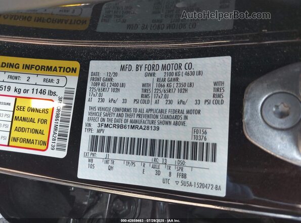 3FMCR9B61MRA28139 2021 FORD BRONCO SPORT Черный 