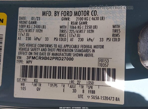 3FMCR9B62PRD27000 2023 FORD BRONCO SPORT Blue Vista del compartimento del motor