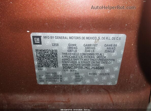3GNCJPSB2KL254680 2019 CHEVROLET TRAX Оранжевый Вид подкапотного пространства