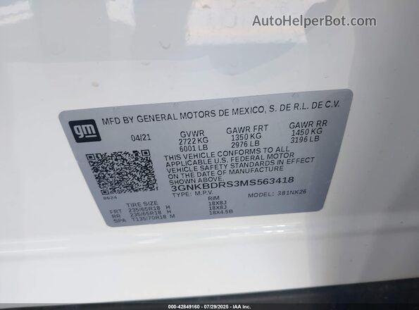 3GNKBDRS3MS563418 2021 CHEVROLET BLAZER White Engine compartment view